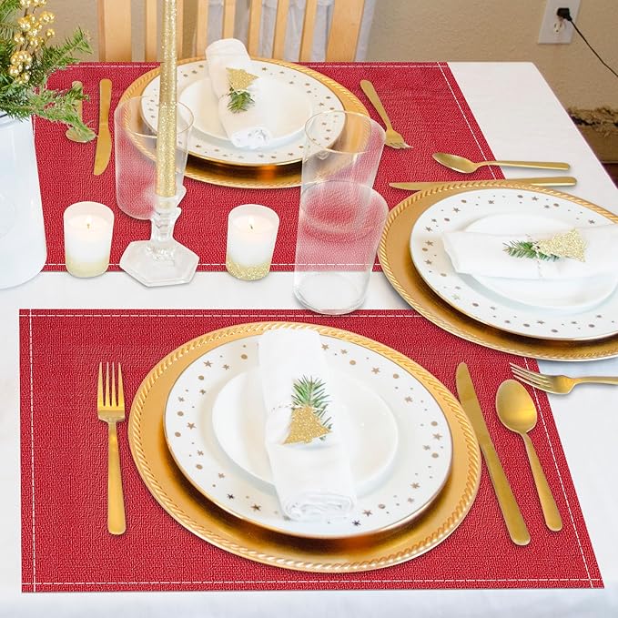 Niviy Christmas Placemats Set of 6, 12x18 Inch Rectangular Placemats for Kitchen Table, Red Placemats for Holiday Party Kitchen Dining Room Decoration