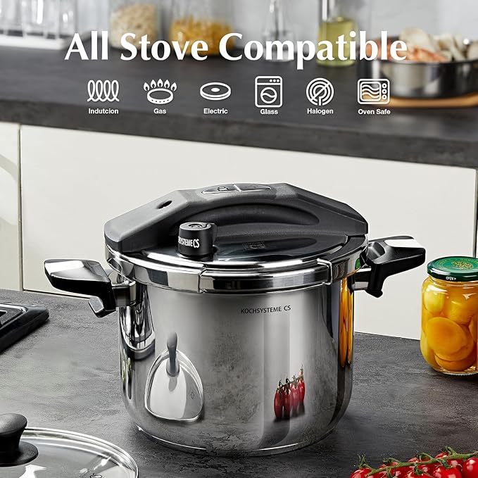 KOCH SYSTEME CS Stainless Steel Pressure Cooker 8.5 Quart, 3-in-1 Olla de Presion, One-Hand Locking, 3 PSI Settings Stovetop Pressure Cookers, induction Pressure Cooker, Glass Lid & Steamer, 8.5QT