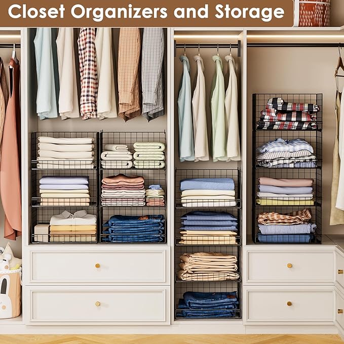 Yociyoga 4-Tier Stackable Closet Organizers and Storage Shelves, Clothes Shelf Organizer Basket Bins, Foldable Sweater Storage for Closet Organizer System, Black (Patent Pending)