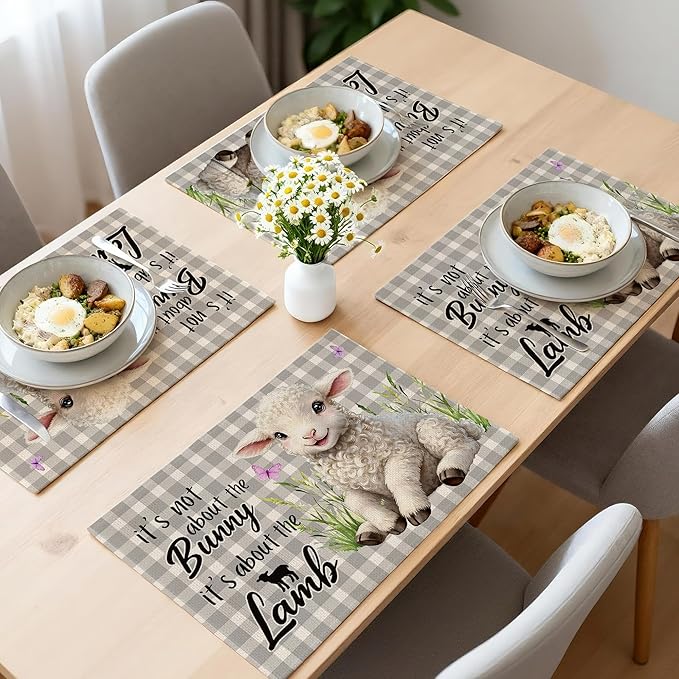 Easter Placemats Set of 4 12x18 inches, It's Not About the Bunny It's About the Lamb Easter Decor for Table, Party, Home - Farmhouse Spring Buffalo Plaid Lamb Table Mat Decroations