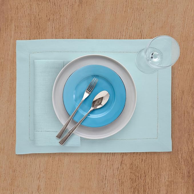 Solino Home Aqua Blue Linen Napkins Set of 4-100% Pure Linen Hemstitch Dinner Napkins 20 x 20 Inch for Spring, Summer, Mothers Day - Classic Hemstitch