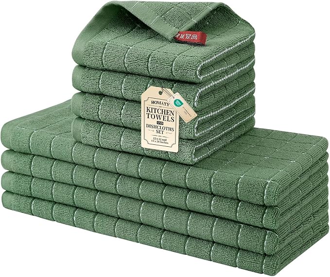 Homaxy Kitchen Towels and Dishcloths Set, 12 x 12 and 13 x 28 Inches, Set of 8 Bulk Cotton Terry Kitchen Towels Set, Checkered Designed, Soft and Super Absorbent Dish Towels, Grass Green