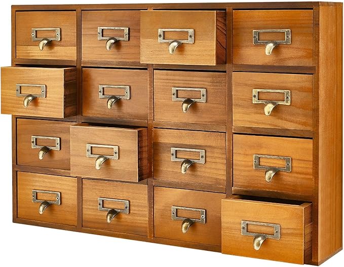Flexzion Apothecary Cabinet with Drawers - 16 Vintage Apothecary Drawers Desktop Organizer for Home & Office - Wooden Tabletop Library Card Catalog Cabinet Storage for Jewelry, Makeup & Tools, Brown
