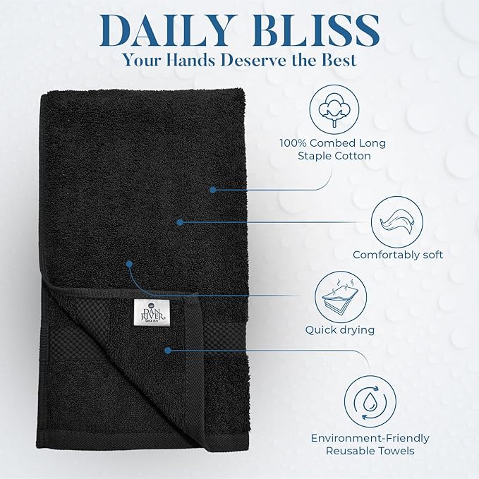 DAN RIVER 6-Pack Premium Hand Towels (16x28 Inches) - 100% Cotton, Ultra Soft, Lightweight, Highly Absorbent Towels for Bathroom, Spa, Gym, Salon, Hotel, and Travel - Black
