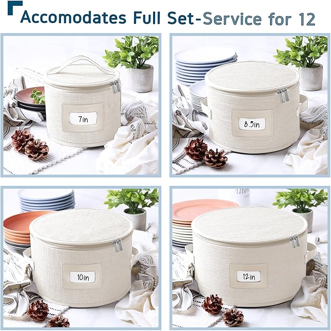 Fine China Storage Containers Hard Shell, 4 Piece Dish Storage Containers, Quilted Plate Containers, Stackable Dish Organizer with Dividers, Dinnerware Storage for Moving and Seasonal Storage, Cream