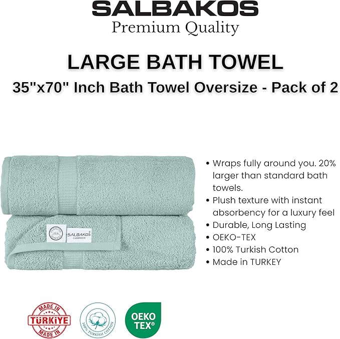 SALBAKOS 100% Turkish Cotton Extra Large Bath Sheet Towel Set of 2, 35x70 inch | Premium Quality | Hotel Collection Soft, Absorbent, Oversize Bath Towels (Seafoam Green, 2 Bath Sheets)