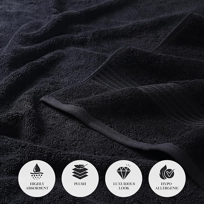 Superior Egyptian Cotton 9-Piece Towel Set, Assorted Towels for Home Bathroom, Guest Bath Decor Essentials, Includes 3 Bath, 3 Hand, 3 Face Towels/Washcloths, Quick Dry, Absorbent - Black