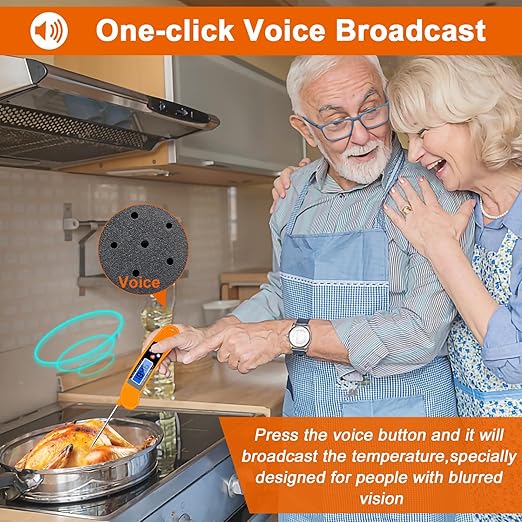 Digital Talking Thermometer for The Blind, Orange Waterproof Instant Read Food Thermometer with Talking Function and Backlight, Meat Thermometer with Probe for Cooking and Grilling, and More