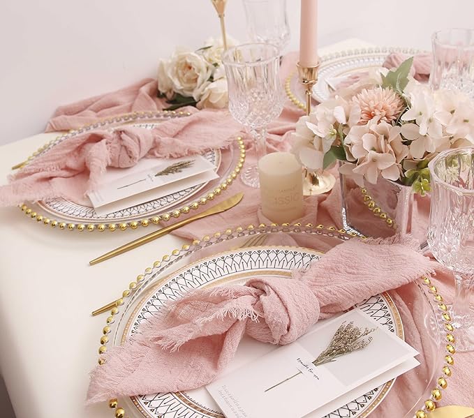 Cloth Napkins with Fringe Set of 12,100% Natural Soft Cotton, Easter Spring Washable Gauze Napkins for Wedding Decorative,Dinner Parties, (12 Pack, Dusty Pink)