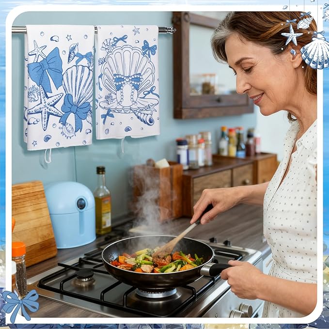 Breling Set of 6 Coastal Beach Kitchen Towels Blue Bow Dish Towel Bathroom Decorative Ocean Seashell Nautical Rustic Hand Cloths for Kitchen Bathroom Home Cooking Housewarming Gifts, 14 x 21 Inch