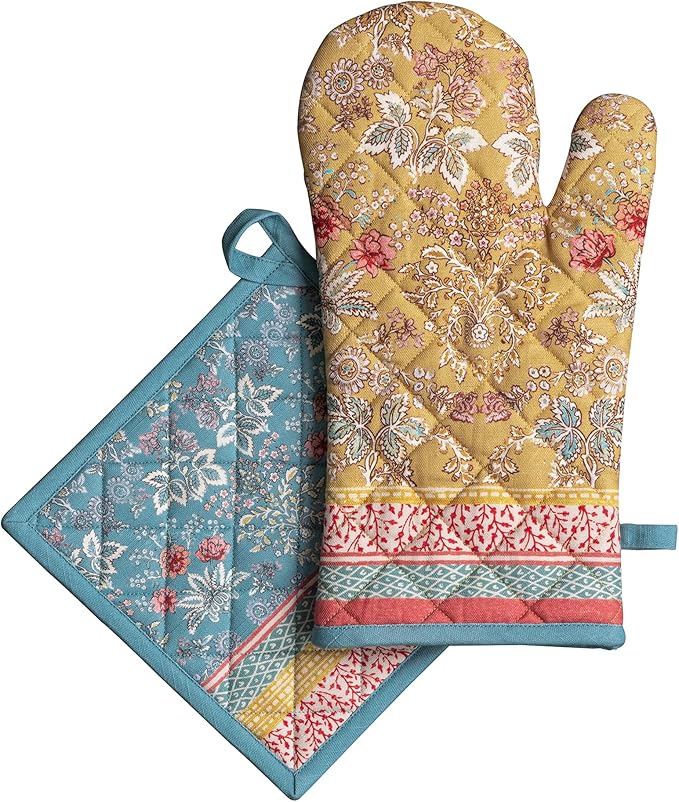 Maison d' Hermine 100% Cotton Oven Mitt & Pot Holder Set (7.5"x13" & 8"x8") Heat Resistant BBQ Cooking Gloves with Loop Baking Grilling Kitchen Gifts for Mothers Day Spring/Summer (Marquise)