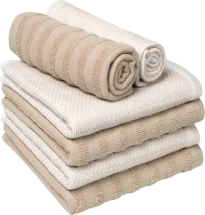 Bumble Premium Dish Cloths 13"x13" (6 Pack) | 100% Natural Ring Spun Cotton | 400 GSM | Highly Absorbent & Soft |Yarn Dyed & Solid Dyed Terry Dish Cloth Set - Tan