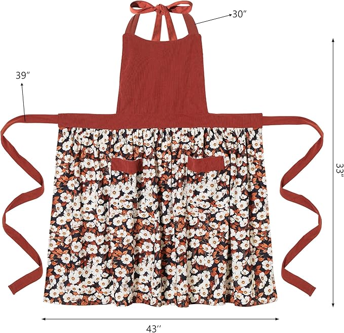 Cute Floral Aprons for Women with Pockets,Cotton Adjustable Neck Strap Apron for Kitchen Cooking Baking Gardening