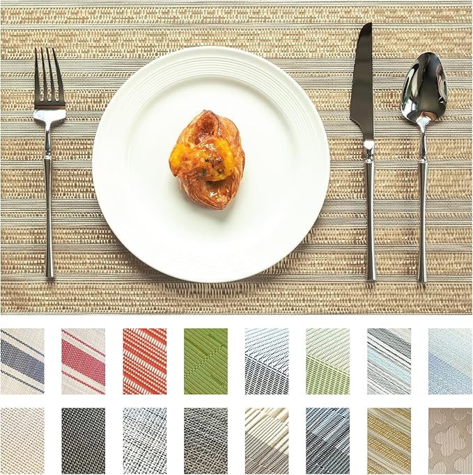 Placemats Set of 8 Vinyl/Plastic Woven Place Mats for Kitchen Table Indoor/Outdoor Washable Placemat Wipeable Dining Table Mats (Aurora Gold,8)