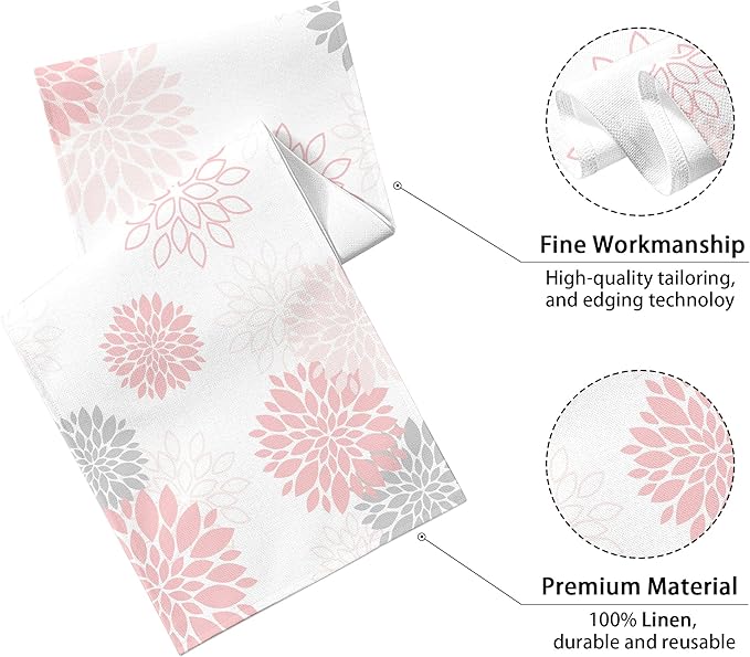 Dahlia Flower Table Runner 13x90 Inch Farmhouse Pink Gray Runners Modern Table Decorations Rustic Geometric Coffee Table Runner for Home Kitchen Dining Room Party (13"x90", Dahlia Floral-Pink)