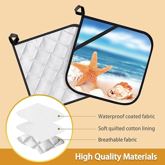 Beach Starfish Shells Pot Holder Set of 2,Heat Resistant Potholders Oven Hot Pads for Kitchen Cooking Baking BBQ