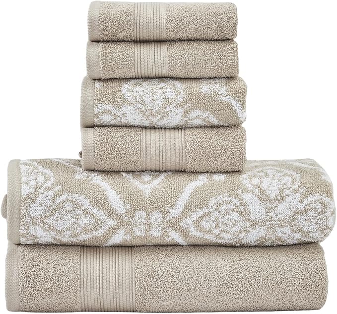 Modern Threads Amaris 6-Piece Reversible Yarn Dyed Jacquard Towel Set - Bath Towels, Hand Towels, & Washcloths - Super Absorbent & Quick Dry - 100% Combed Cotton, Khaki