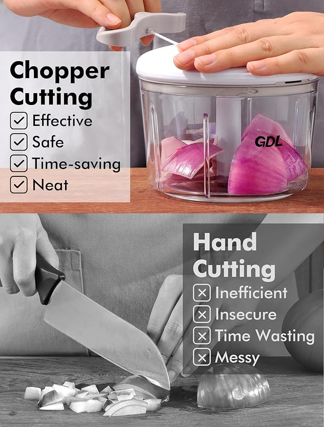GDL Food Chopper, Pull Onion Chopper Dicer, Hand Powered Food Chopper, Fast Cutting Hand Chopper Mincer for Oinon, Garlic, Nut, 3.4 Cups 0.8L, White