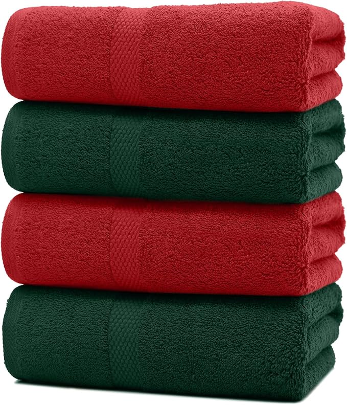DAN RIVER Decorative Bath Towels Set of 4, 27 x 54 Inches for Your Loved Ones or a Festive Treat for Yourself. 100% Cotton, Larger & Lighter Weight, Ideal Red & Green Bath Towels.