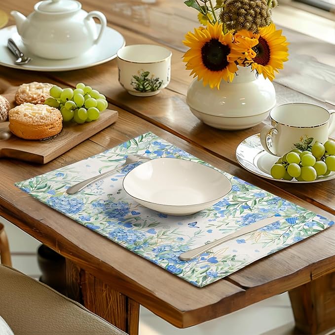 Hydrangea Spring Summer Placemats Set of 4 Sage Green Eucalyptus Leaves Blue Floral Butterfly Placemat 12x18 Inch Seasonal Holiday Table Place Mats for Farmhouse Kitchen Dining Decor
