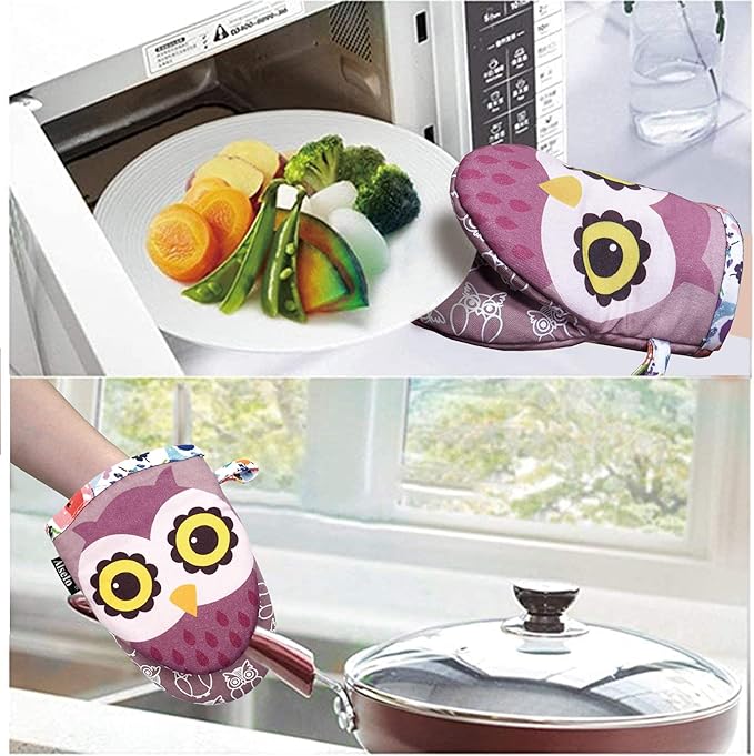 Alselo Mini Oven Mitts,2pk - Silicone Little Kitchen Gloves, Heat Resistant with Non-Slip Grip and Soft Quilted Cotton Lining for Safe Backing Cooking Barbecue (Purple, 2)