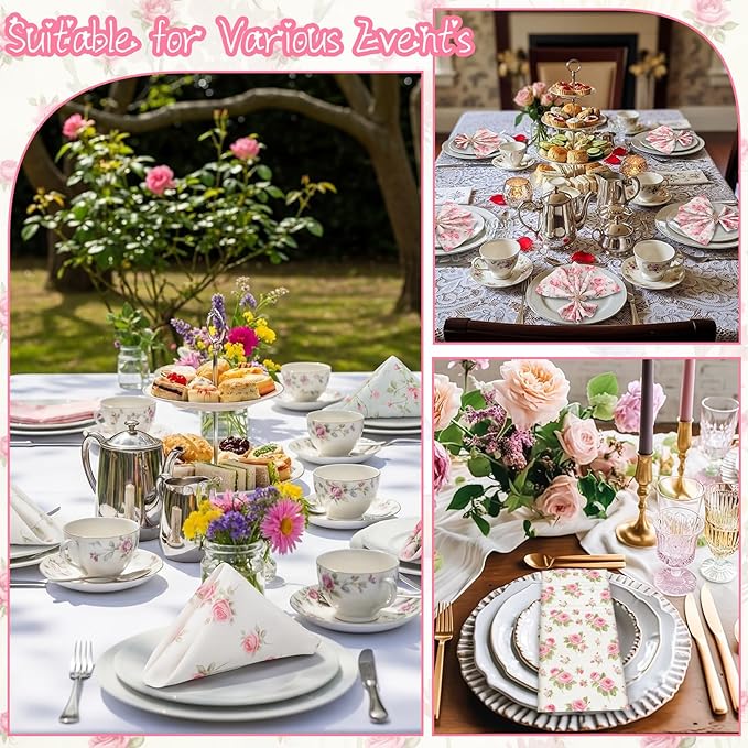 Floral Cloth Napkins 6 Patterns Washable Dinner Tea Party Napkins Reusable Plant Flowers Square Napkin Cotton Towel Decorative for Spring Wildflower Party(Pink Rose,24 Pcs)