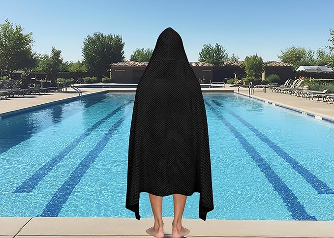 COTTON CRAFT Hooded Bath Towel – Oversized 35 x 70 Waffle Weave Towel with Hood for Adults - 100% Ringspun Cotton Pool Bath Sheet Wrap with Hood - Soft Super Absorbent Quick Dry – 450 GSM – Black