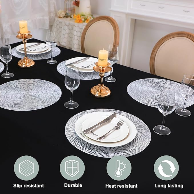 Snowkingdom Silver Round Placemats Set of 6, 15 Inch Metallic Pressed Vinyl Place Mats, Easy Clean Non Slip Heat Resistant Washable PVC Hollow Out Table Mats for Dinner Party Table Decoration
