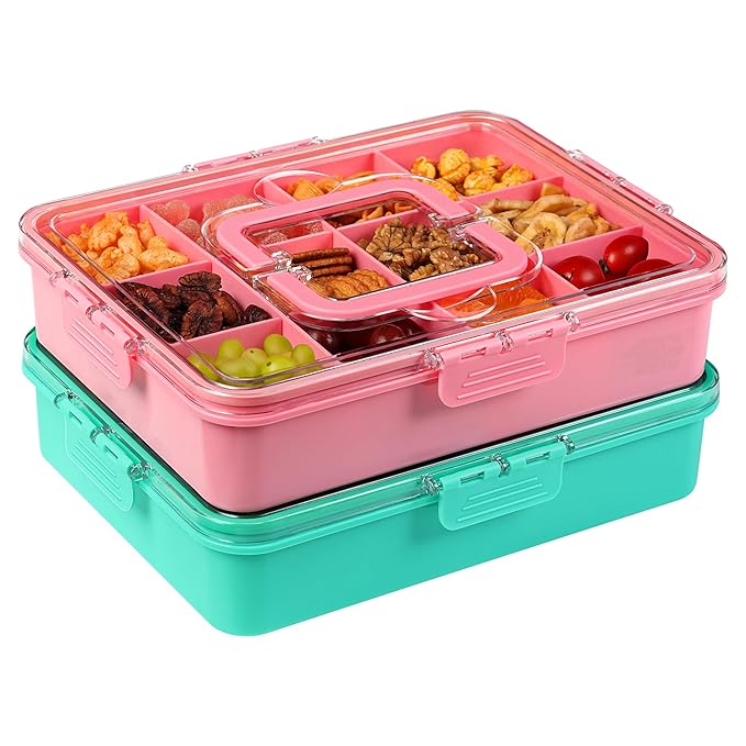 Xyptorix Snack Box Container for Kids - Adjustable 12-Compartment Snack Containers, Reusable Bento Box, Dishwasher Safe, BPA-Free, Perfect for School, Travel, Camping & Picnic, Pink & Green, Large