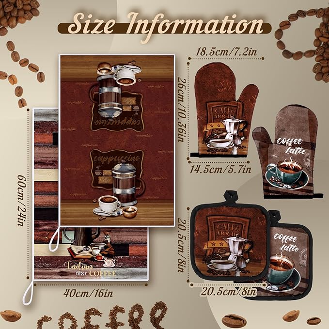 Jingmore 6 Pcs Kitchen Decor Set Accessorie Farmhouse Kitchen Towels Pot Holders Oven Mitts Set 2 Dish Towels 2 Pot Holders 2 Cooking Mittens Oven Glove for Cooking(Dark Brown,Coffee)