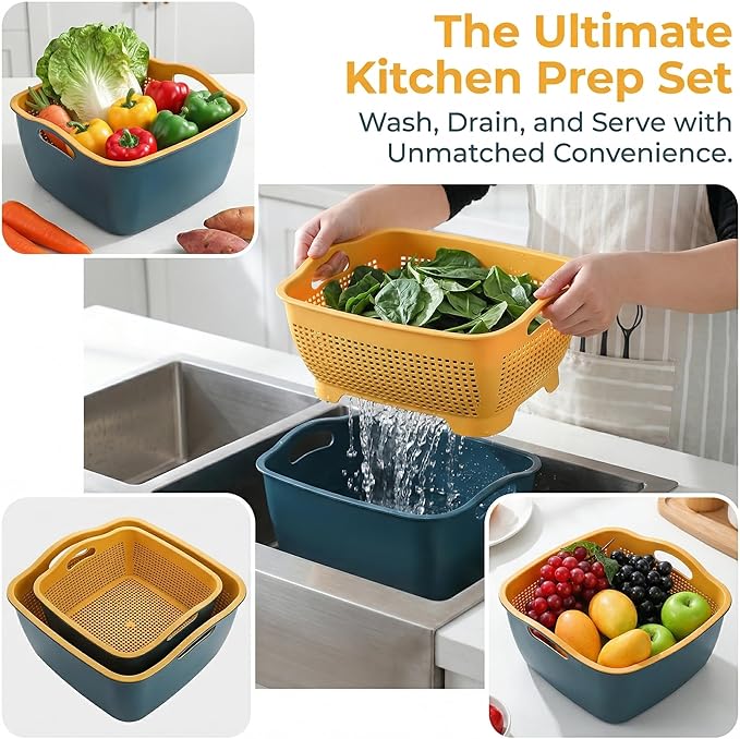 Jucoan 2 Pack 9 & 8 Quart Large Kitchen Strainer Colander Bowl Set, Double-Layer Plastic Fruits Vegetable Washing Basket, Drain Bowls for Cleaning Washing Mixing, Detachable (Blue, Orange)