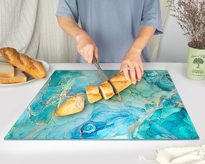 Kitchenville Glass Cutting Board 20”x16”: Tempered Glass Kitchen Counter Protector - Durable- Scratch-Resistant, Heat-Proof - Design 9 - Teal Ocean