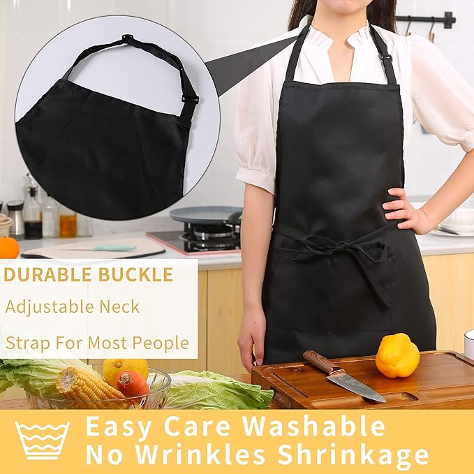 Tosewever 2 Pack Adjustable Bib Apron, Waterdrop Resistant Aprons with 2 Pockets Cooking Kitchen Restaurant Aprons for Women Men Chef, BBQ Drawing Crafting Outdoors (Polyester - Black & White, 2)