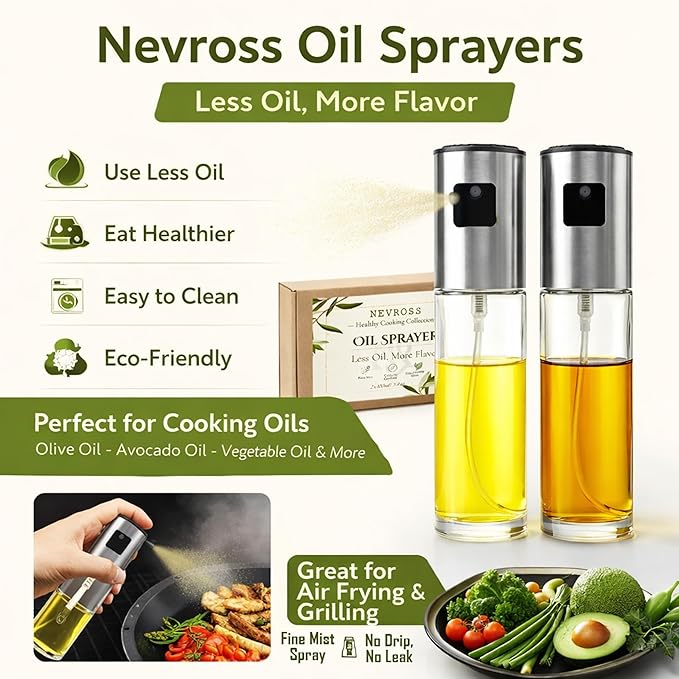 Oil Sprayer Bottle 2 Pack 100ml, Glass Olive Oil Mister with Stainless Steel Head, Fine Mist Cooking Spray for Air Fryer, Salad, Grilling & Baking