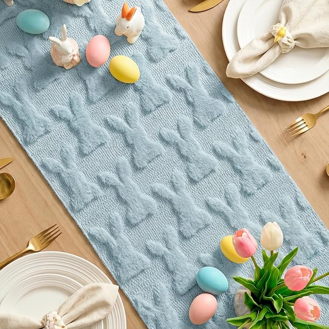 Artoid Mode Blue Soft Plush Faux Fur Jacquard Bunny Rabbit Easter Table Runner, Seasonal Kitchen Dining Table Decoration for Home Party Decor 13x72 Inch