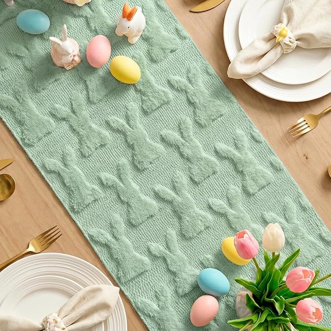 Artoid Mode Sage Green Soft Plush Faux Fur Jacquard Bunny Rabbit Easter Table Runner, Seasonal Kitchen Dining Table Decoration for Home Party Decor 13x72 Inch