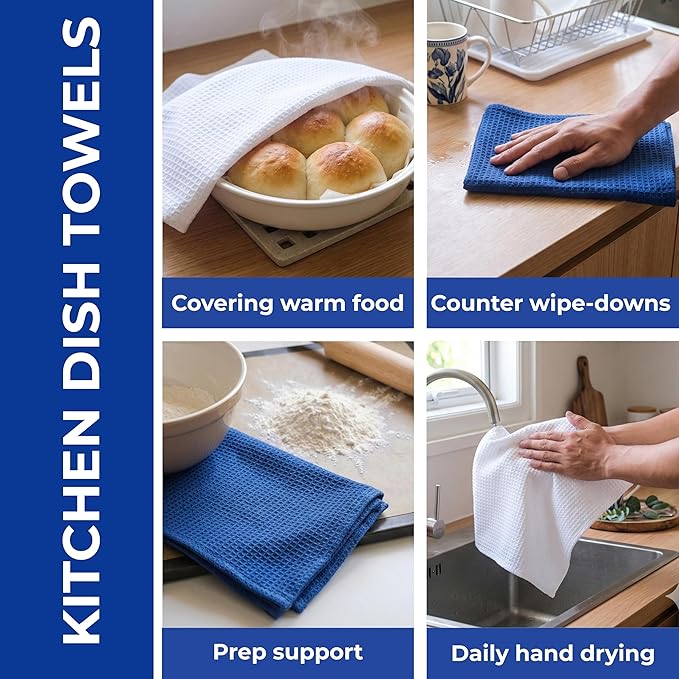 Highly Absorbent Cotton Dish Towels for Drying - Set of 3+3 - Royal Blue + White Kitchen Towels - 18"X28" Lint Free Waffle Weave Cloth Linen Hand Bathroom Bulk Dishtowels