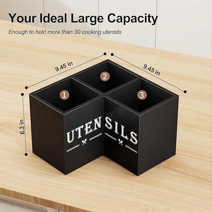 ZUJJAFY Utensil Holder for Kitchen Counter, Corner Kitchen Utensil Holder for Countertop with 3 Compartments, Wooden Cooking Utensil Organizer for Spatula Storage, Black