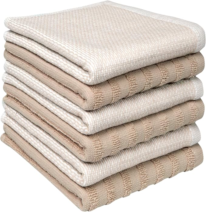 Bumble Premium Dish Cloths 13"x13" (6 Pack) | 100% Natural Ring Spun Cotton | 400 GSM | Highly Absorbent & Soft |Yarn Dyed & Solid Dyed Terry Dish Cloth Set - Tan