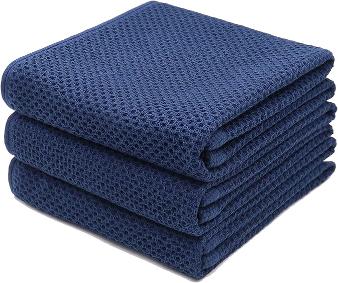 Mia's Dream Cotton Face Waffle Weave Tea Towels, Soft Absorbent Bath Guest Gym Towel Washcloths, 13"x28", 3 Pack (Navy Blue)