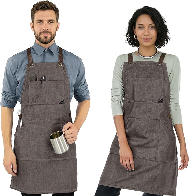 Under NY Sky Essential Beige Denim Apron – Cross-Back with Leather Reinforcement – Adjustable for Men and Women – Pro Chef, Tattoo Artist, Baker, Barista, Bartender, Server Aprons