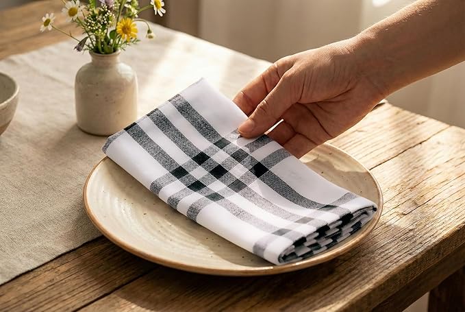 PurpleEssences Homestead Plaid Cloth Napkins - Mitered Corners - Spring Easter Summer - Check Dinner Napkin - Set of 12-100% Cotton - 18x18 Inch - Reusable Washable - Black and White