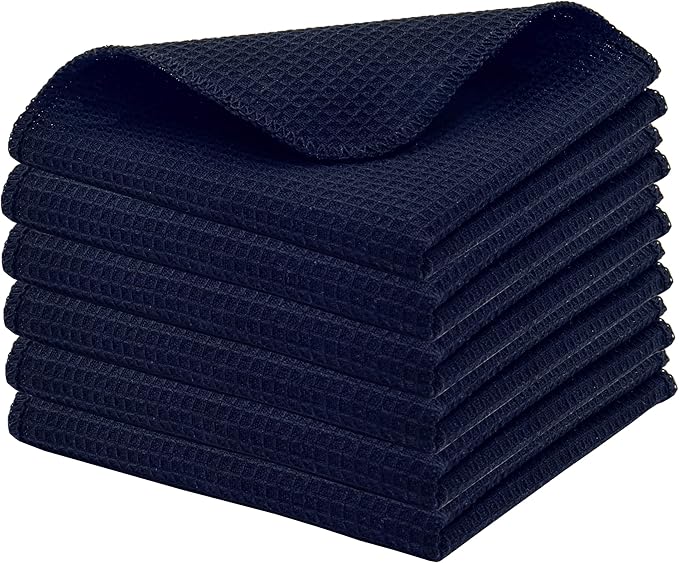 PurpleEssences Dish Cloths and Dish Rags - 6 Pack Waffle Weave Solid Kitchen Dish Wash Cloths, 100% Cotton, 12x12 Inches, Ultra Soft Absorbent Quick Drying - Spring Easter Summer - Navy Blue