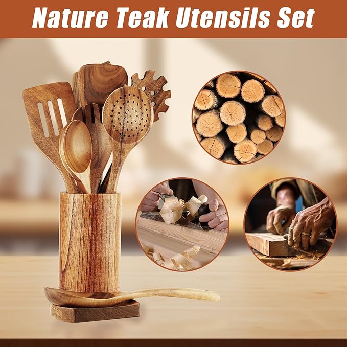 FJNATINH Wooden Spoons for Cooking, 10 Pcs Teak Wooden Cooking Utensil Set with Holder, Wooden Kitchen Utensils Set for Nonstick Pans & Cookware