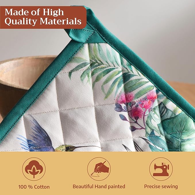 Maison d' Hermine Pot Holders 100% Cotton Heat Resistant Potholders 8" x 8" Hot Pads with Loop BBQ Cooking Baking Gifts for Mothers Day Handling Hot Pans Spring/Summer (Pack of 1, Tropiques)