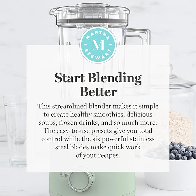 Martha Stewart Countertop Blender, 50oz Jar, 6 Stainless Steel Blades 3 Speeds & 5 Presets, Auto Clean, Smoothies, Crush Ice, Shakes, Chop, Margarita, Measurement Markings, 700W, Honeydew Green