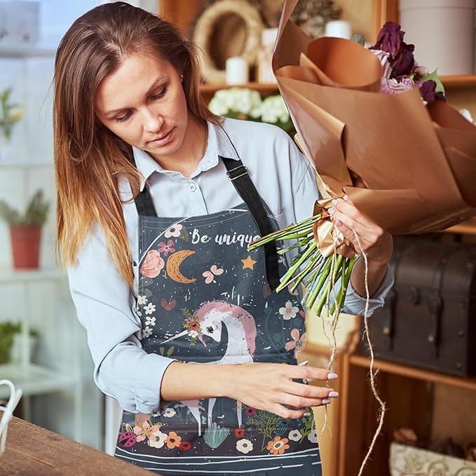 Britimes Apron Home Kitchen Cooking Baking Gardening for Women Men with Pockets Unicorn Be Floral Moon 32x28 inch
