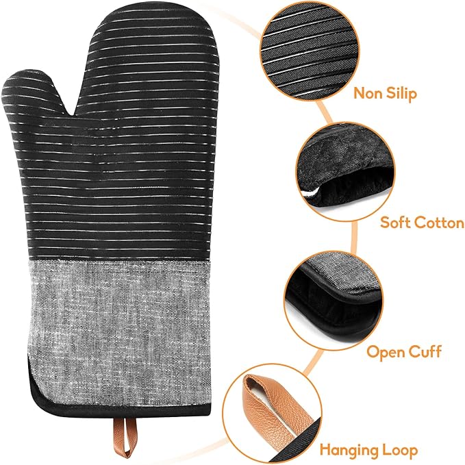 TIPTAP Kitchen Oven Mitts 4pcs Set- Non-Slip Cotton Oven Mitt & Pot Holders – Heat Resistant, Durable & Machine-Washable -One Long Mit, Two Mini Oven Mitts & One Pot Holder (Black)