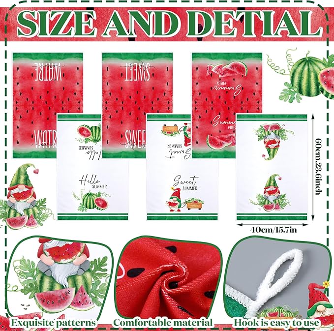 Bencailor 6 Pcs Watermelon Kitchen Towels Gnome Absorbent Dish Towels Colorful Decorative Tea Watercloth for Summer Kitchen Cooking Home Cleaning, 16 x 24 Inches