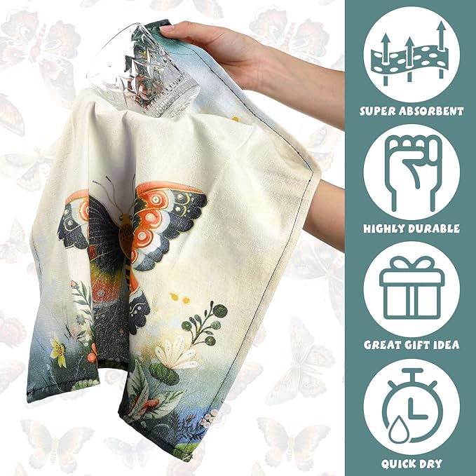 Bencailor 6 Pcs Retro Kitchen Towels 15.7 x 23.6 Inch Farmhouse Vintage Hand Towels Decorative Absorbent Dish Cloth for Bathroom Decor for Cooking Baking Cleaning(Colorful,Butterfly)